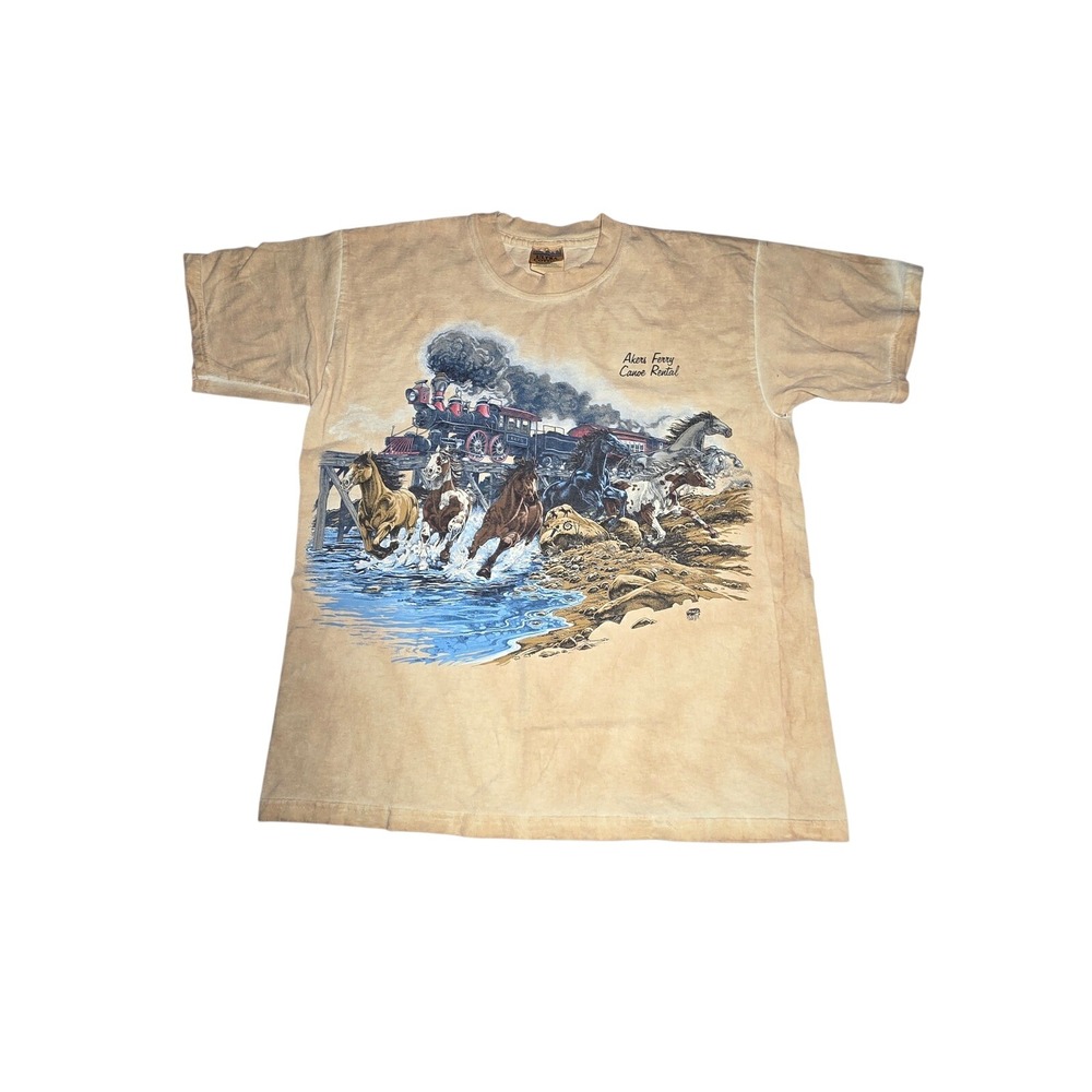 Vintage 1995 Image West Akers Ferry Canoe Rental Horse Train T-Shirt Tan Mens L‎